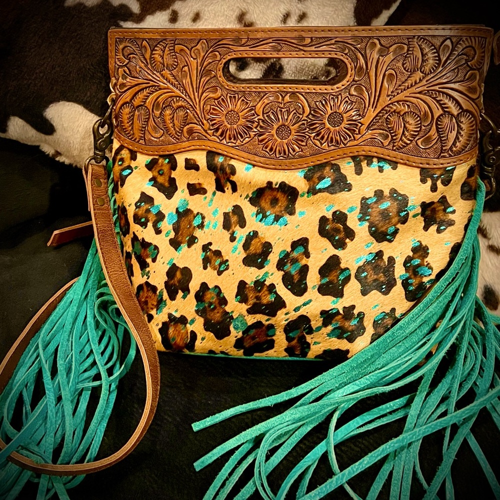 American Darling Acid Wash Cheetah Print Cowhide Crossbody-Clutch-Handbag NWOT